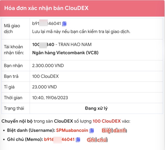 Kiểm tra đơn hàng bán Cloudex