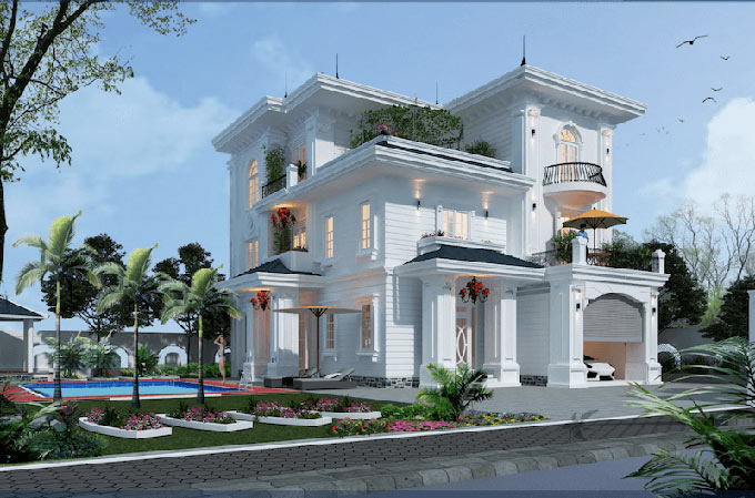 Mẫu 5 - Biệt thự có hồ bơi tân cổ điển cao 3 tầng