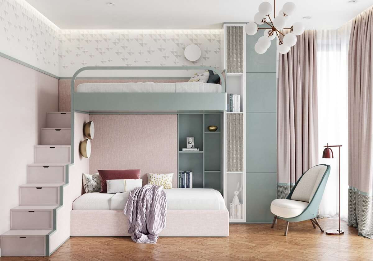 Phòng ngủ đôi giường tầng tông pastel dễ thương cho 2 bé